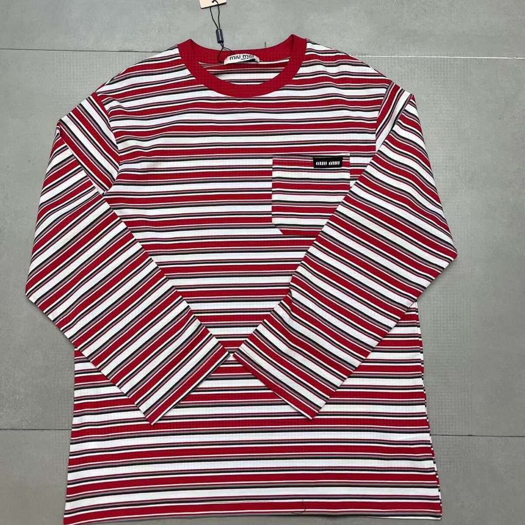 Miu Miu Striped Long Sleeve Top In Red And White